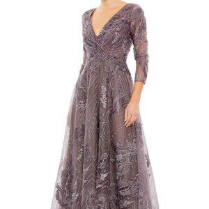 Mac Duggal Purple Aubergine Beaded Floral A-Line Cocktail Midi Dress